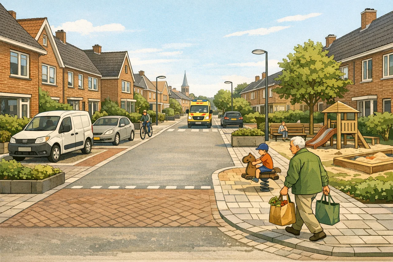 Illustratie van dagelijks gebruik van een woonstraat met parkeren, spelen, lopen en ruimte voor hulpdiensten