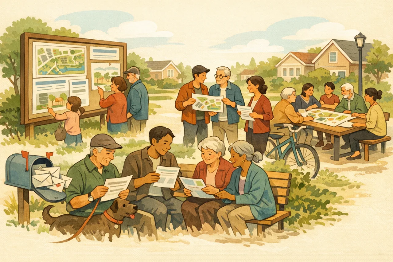 Illustratie van bewoners die informatie over een wijkplan lezen en daar samen over in gesprek gaan