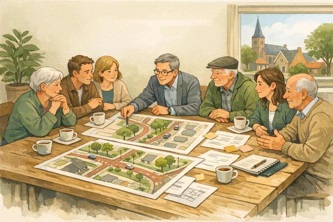Illustratie van bewoners en gemeente die samen rond een tafel naar een wijkplan kijken
